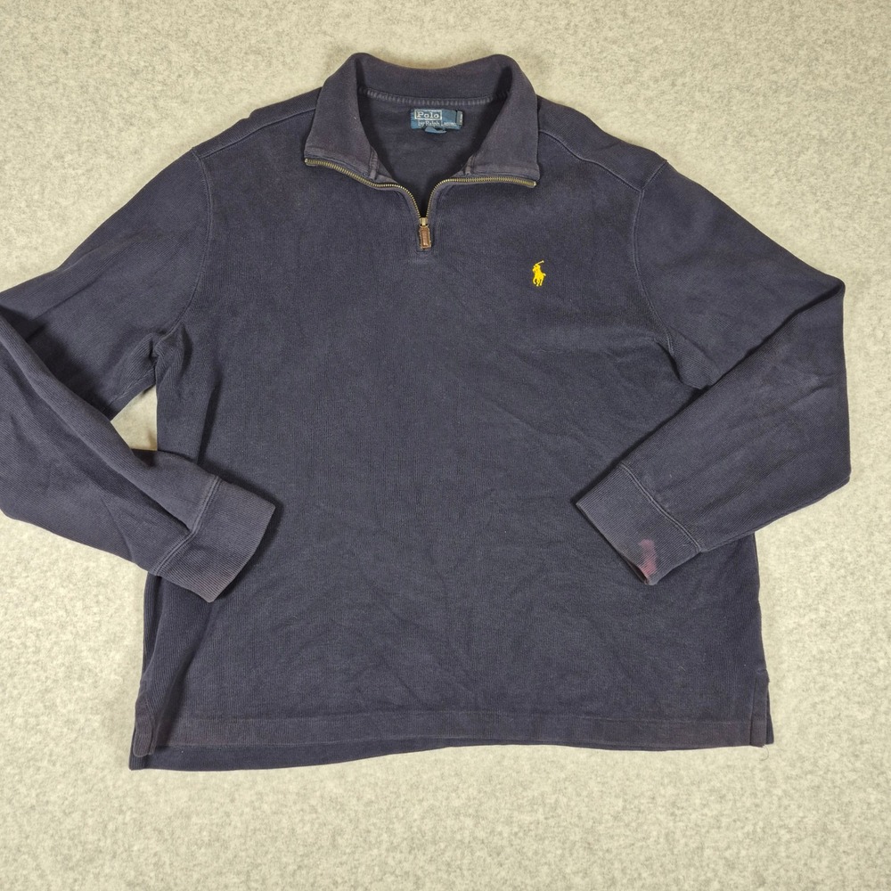 Polo Ralph Lauren Quarter Zip Pullover Mens Large Navy Blue Yellow Pony Cotton